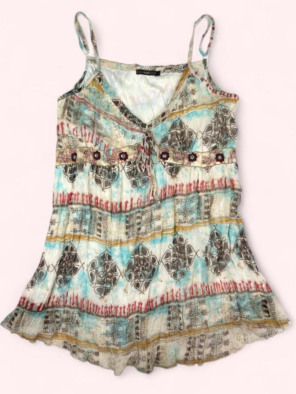 Y2K mixed print cami top beaded at the waistband